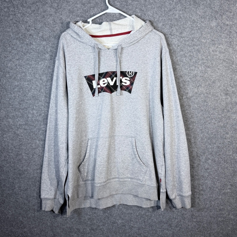 Levis Hoodie Mens XL Gray Plaid Logo Pullover Sweatshirt Long Sleeve Casual